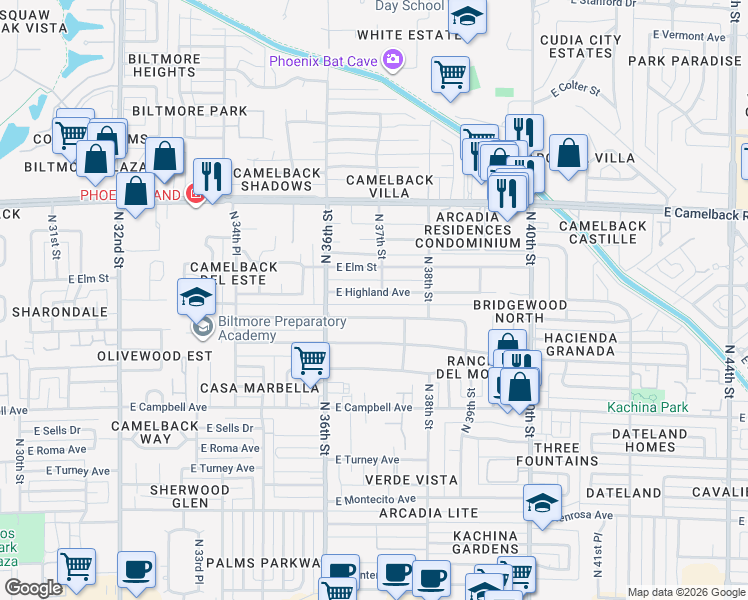 map of restaurants, bars, coffee shops, grocery stores, and more near 3642 North 37th Street in Phoenix
