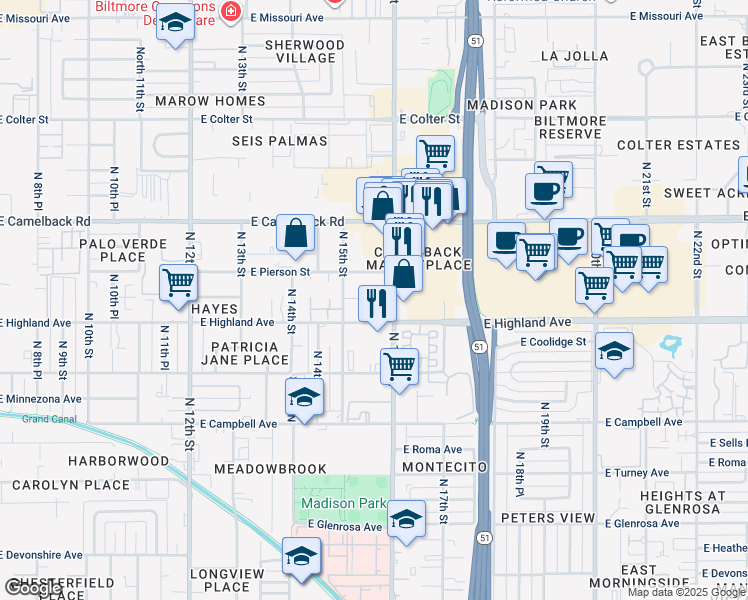 map of restaurants, bars, coffee shops, grocery stores, and more near 4730 North 16th Street in Phoenix