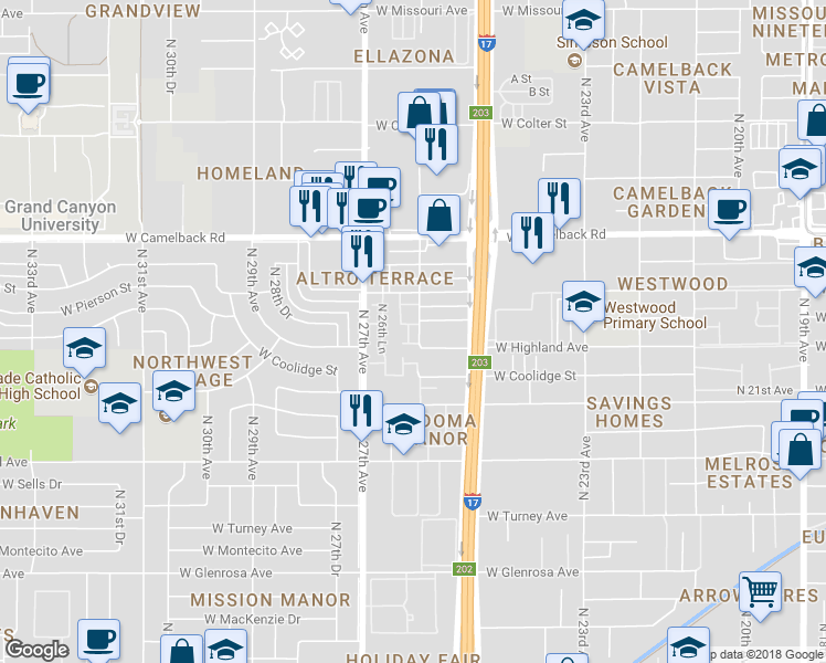 map of restaurants, bars, coffee shops, grocery stores, and more near 2534 West Elm Street in Phoenix