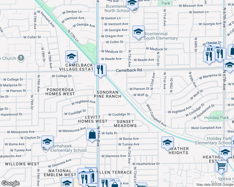 map of restaurants, bars, coffee shops, grocery stores, and more near 7326 West Wolf Street in Phoenix