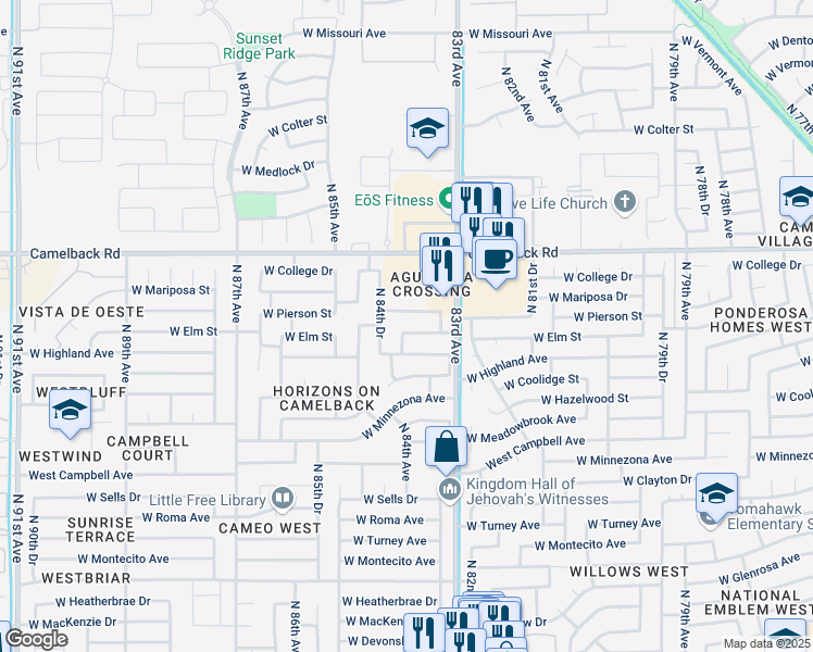 map of restaurants, bars, coffee shops, grocery stores, and more near 8404 West Pierson Street in Phoenix