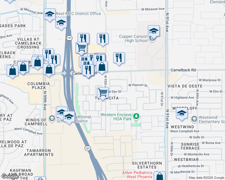 map of restaurants, bars, coffee shops, grocery stores, and more near 9434 West Pierson Street in Phoenix