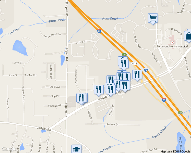 map of restaurants, bars, coffee shops, grocery stores, and more near 220 Oakwood Circle in Stockbridge