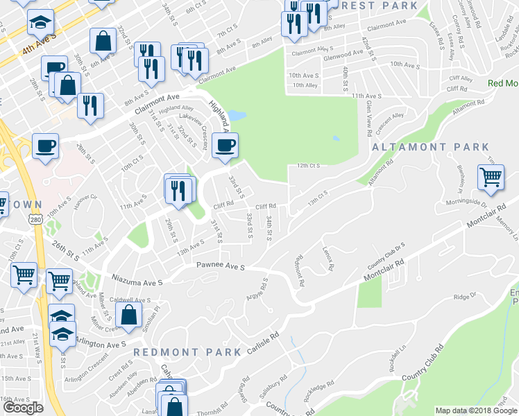 map of restaurants, bars, coffee shops, grocery stores, and more near 3300 Cliff Road in Birmingham