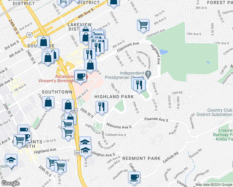 map of restaurants, bars, coffee shops, grocery stores, and more near 1025 28th Place South in Birmingham