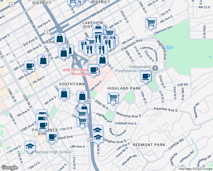 map of restaurants, bars, coffee shops, grocery stores, and more near in Birmingham