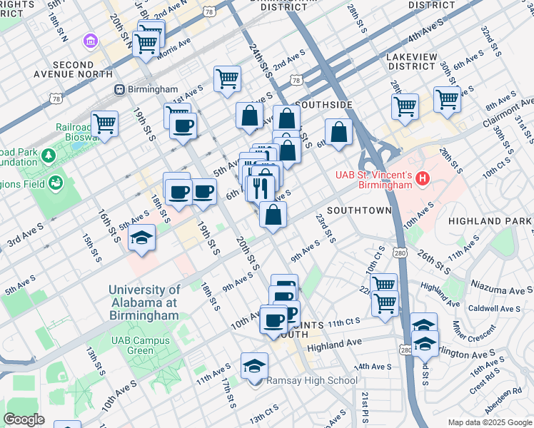 map of restaurants, bars, coffee shops, grocery stores, and more near 707 Richard Arrington Junior Boulevard South in Birmingham