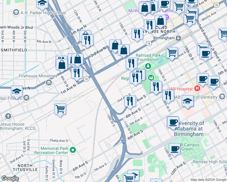 map of restaurants, bars, coffee shops, grocery stores, and more near 1202 1st Avenue South in Birmingham