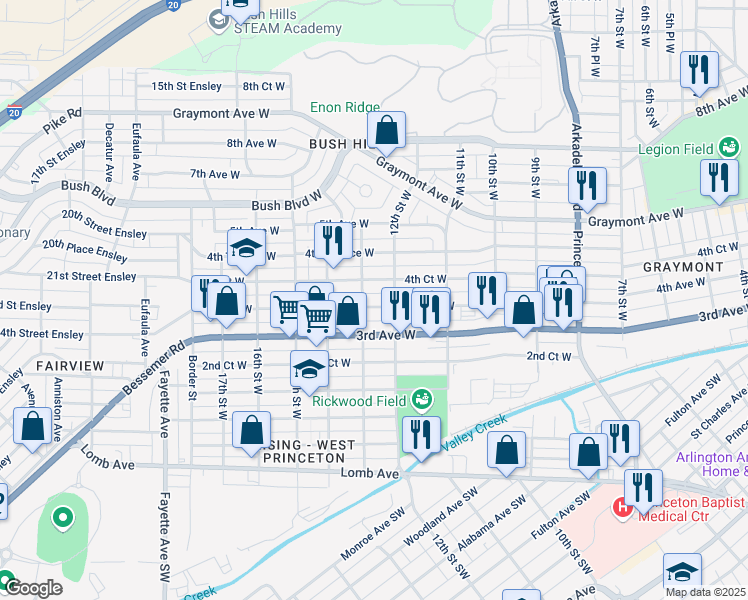 map of restaurants, bars, coffee shops, grocery stores, and more near 1211 4th Court West in Birmingham