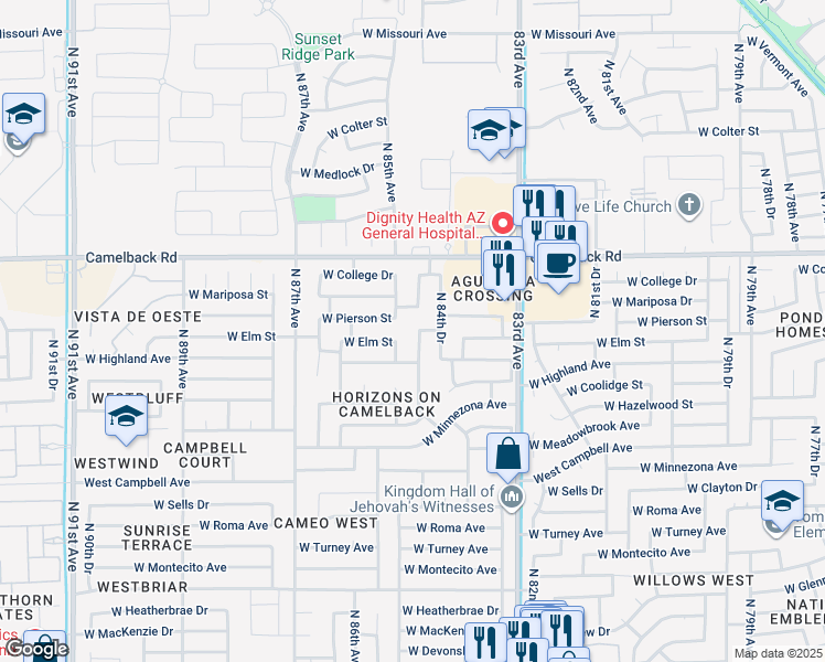 map of restaurants, bars, coffee shops, grocery stores, and more near 8453 West Pierson Street in Phoenix