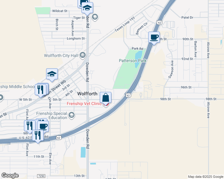 map of restaurants, bars, coffee shops, grocery stores, and more near 123 Brooke Boulevard in Wolfforth