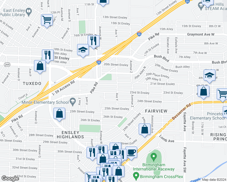 map of restaurants, bars, coffee shops, grocery stores, and more near 2368 23rd Street Ensley in Birmingham
