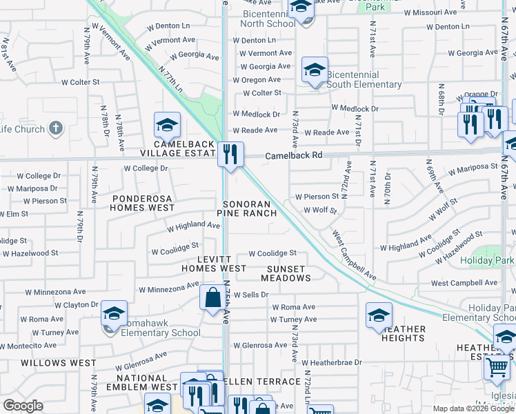 map of restaurants, bars, coffee shops, grocery stores, and more near 7326 West Wolf Street in Phoenix