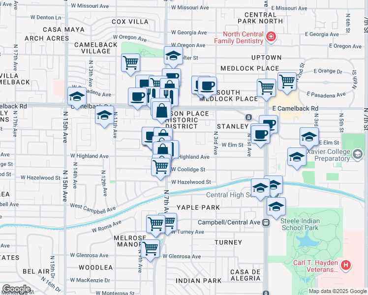 map of restaurants, bars, coffee shops, grocery stores, and more near 605 West Pierson Street in Phoenix