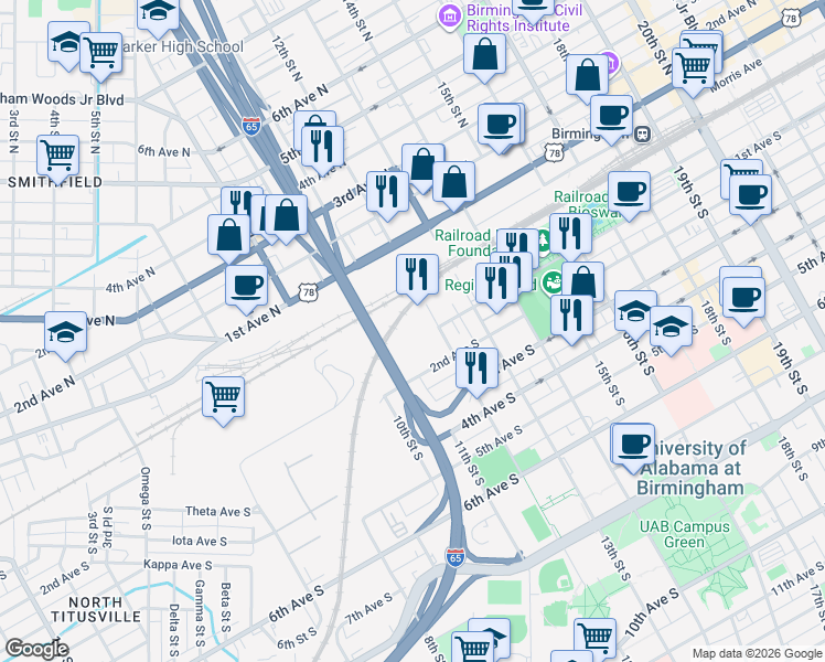 map of restaurants, bars, coffee shops, grocery stores, and more near 1202 1st Avenue South in Birmingham