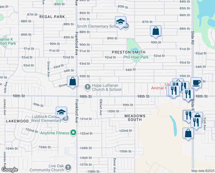map of restaurants, bars, coffee shops, grocery stores, and more near 9606 Durham Avenue in Lubbock