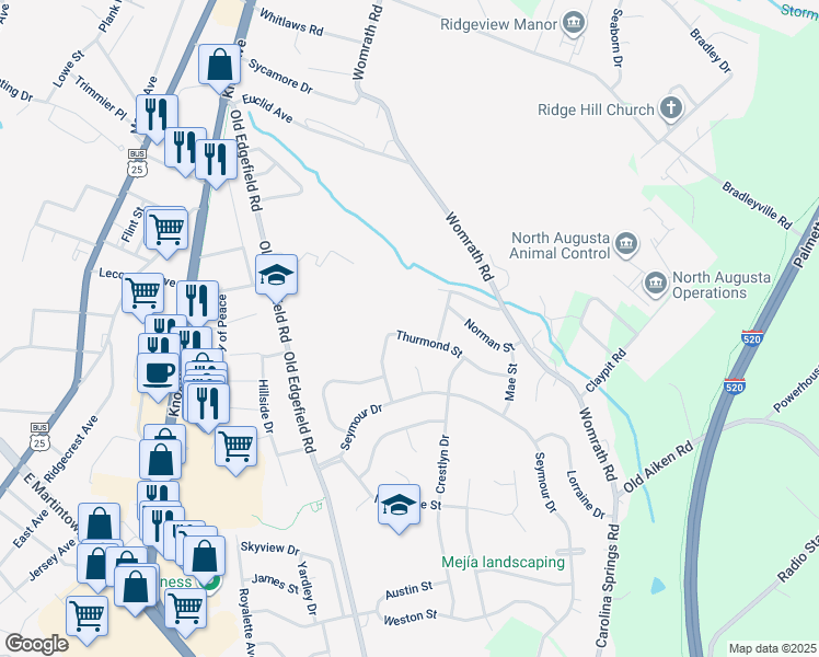 map of restaurants, bars, coffee shops, grocery stores, and more near 1028 Thurmond Street in North Augusta