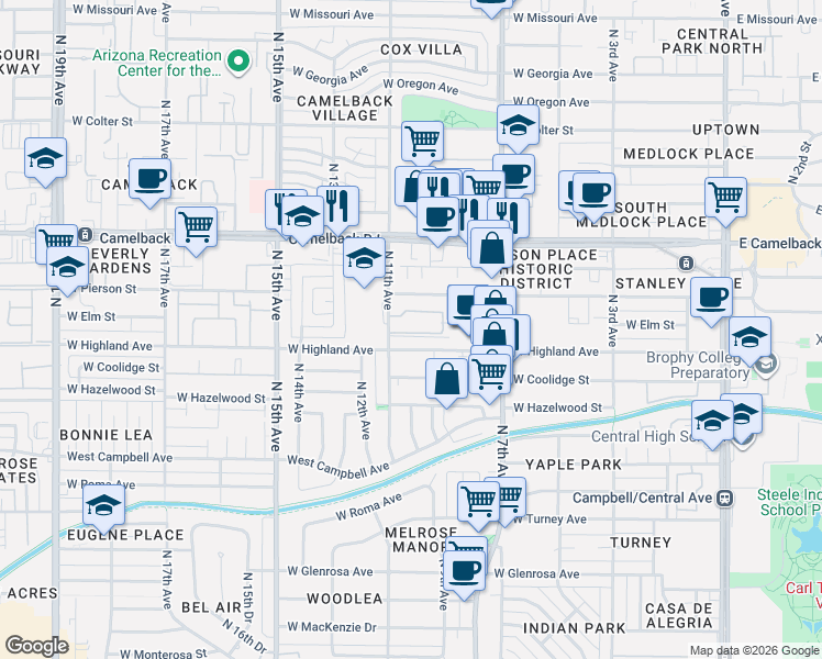 map of restaurants, bars, coffee shops, grocery stores, and more near 740 West Elm Street in Phoenix