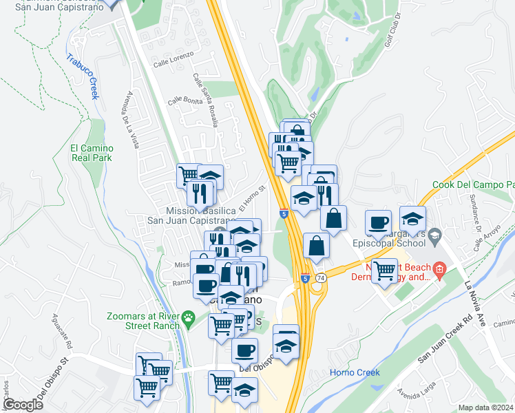 map of restaurants, bars, coffee shops, grocery stores, and more near 31412 La Matanza Street in San Juan Capistrano