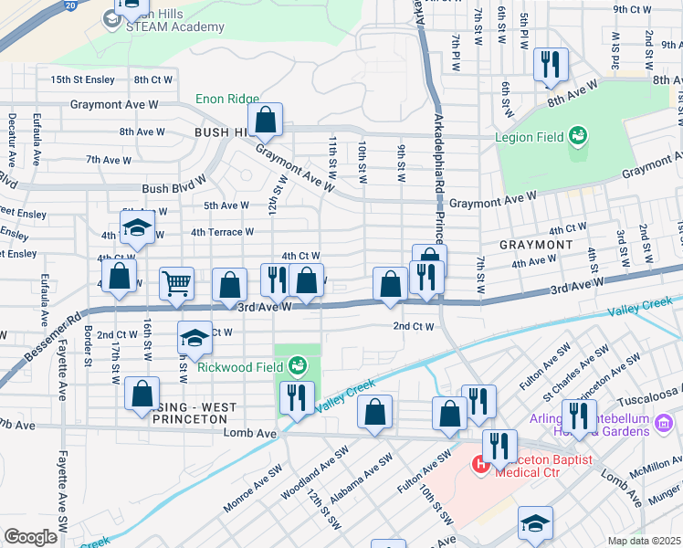 map of restaurants, bars, coffee shops, grocery stores, and more near 1024 4th Avenue West in Birmingham