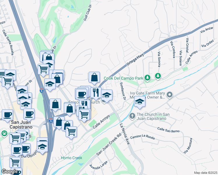 map of restaurants, bars, coffee shops, grocery stores, and more near 31422 Windsong Drive in San Juan Capistrano