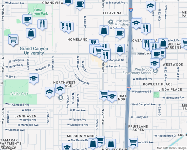 map of restaurants, bars, coffee shops, grocery stores, and more near 2736 West Elm Street in Phoenix
