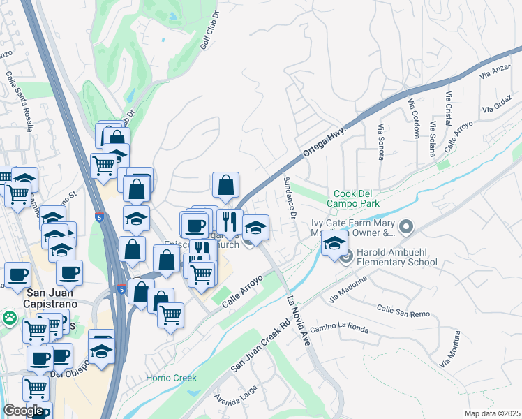 map of restaurants, bars, coffee shops, grocery stores, and more near 31422 Windsong Drive in San Juan Capistrano
