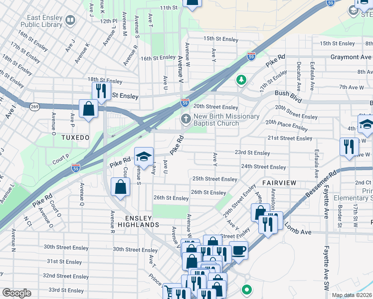 map of restaurants, bars, coffee shops, grocery stores, and more near 2320 23rd Street Ensley in Birmingham