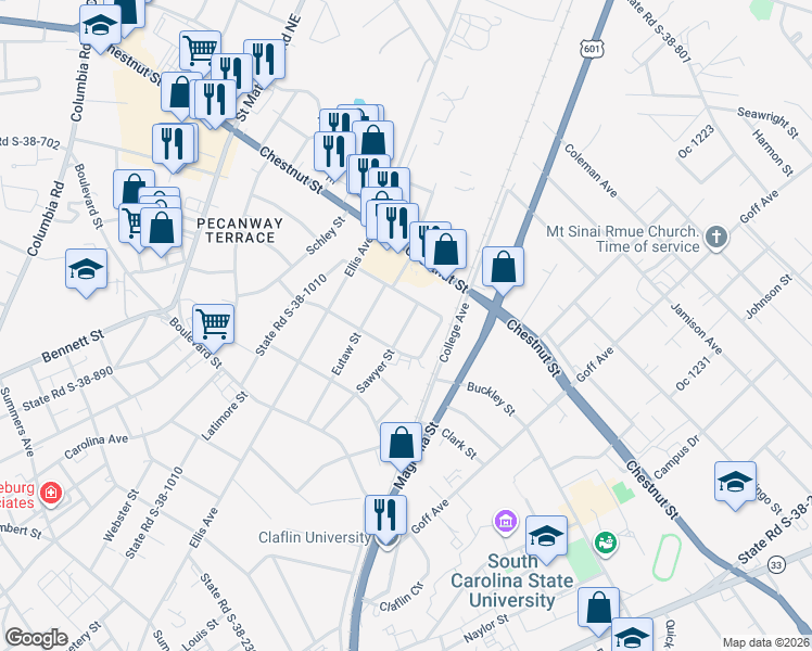 map of restaurants, bars, coffee shops, grocery stores, and more near 1292 Sawyer Street in Orangeburg