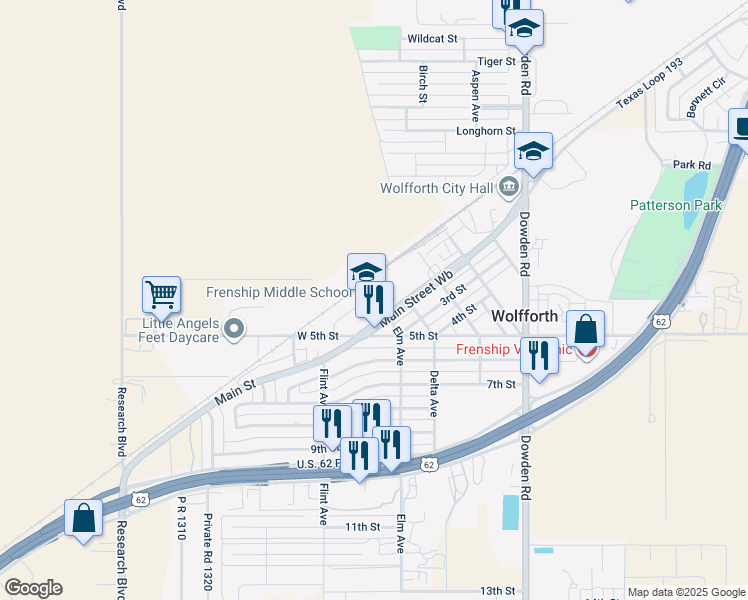 map of restaurants, bars, coffee shops, grocery stores, and more near 500 Main Street in Wolfforth