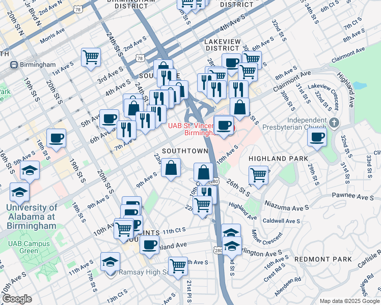 map of restaurants, bars, coffee shops, grocery stores, and more near 2425 9th Avenue South in Birmingham