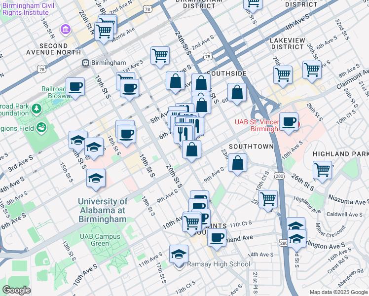 map of restaurants, bars, coffee shops, grocery stores, and more near 707 Richard Arrington Junior Boulevard South in Birmingham