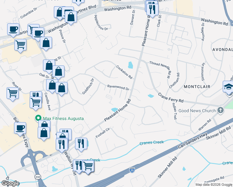 map of restaurants, bars, coffee shops, grocery stores, and more near 40 Chaste Tree Lane in Augusta