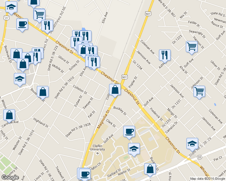 map of restaurants, bars, coffee shops, grocery stores, and more near College Ave in Orangeburg