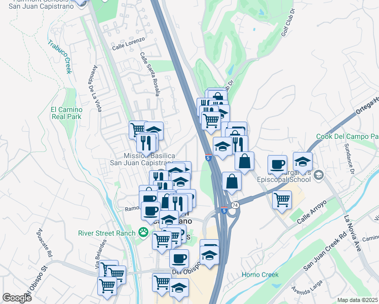 map of restaurants, bars, coffee shops, grocery stores, and more near 31412 La Matanza Street in San Juan Capistrano