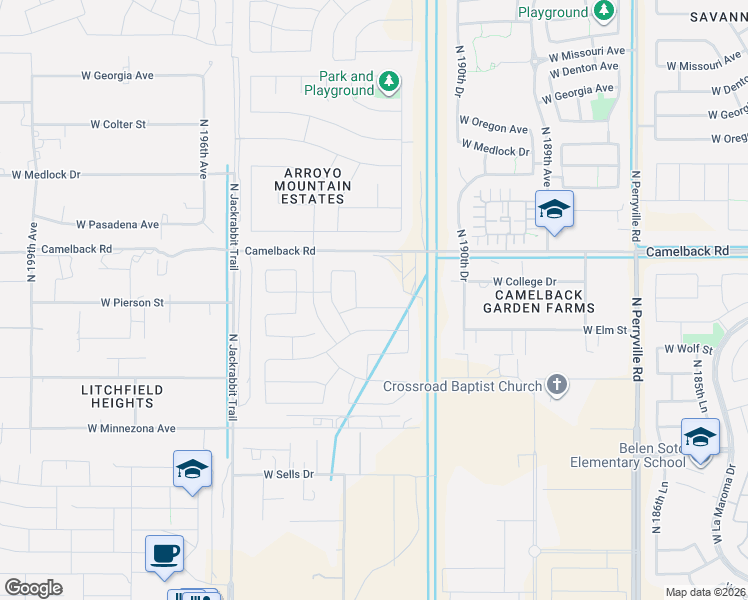 map of restaurants, bars, coffee shops, grocery stores, and more near 19215 West Camelback Road in Litchfield Park