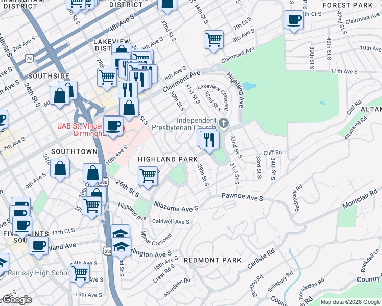 map of restaurants, bars, coffee shops, grocery stores, and more near in Birmingham