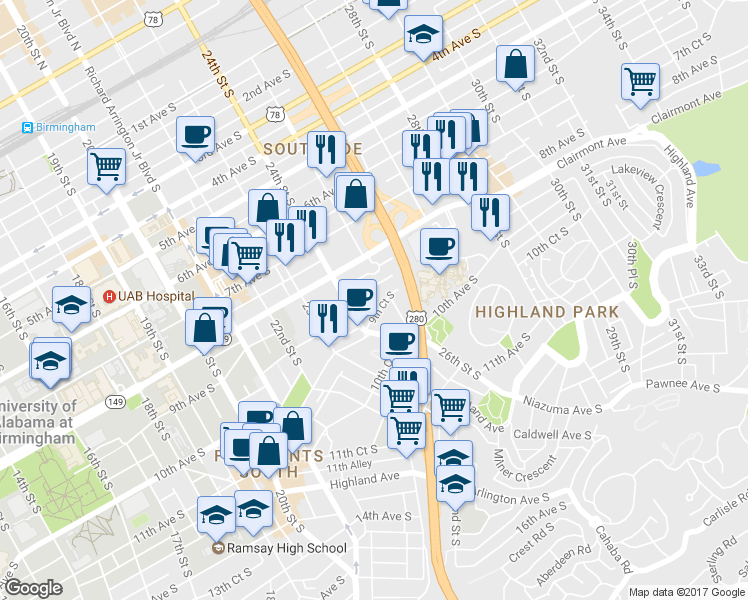 map of restaurants, bars, coffee shops, grocery stores, and more near 2425 9th Avenue South in Birmingham