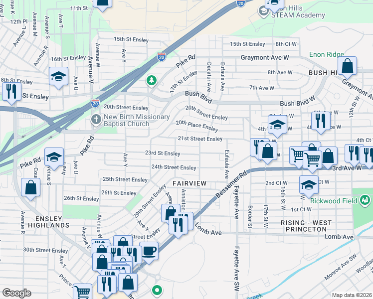 map of restaurants, bars, coffee shops, grocery stores, and more near 2729 21st Street Ensley in Birmingham