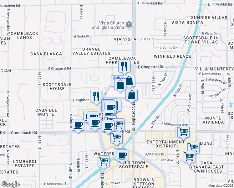map of restaurants, bars, coffee shops, grocery stores, and more near 7137 East Rancho Vista Drive in Scottsdale