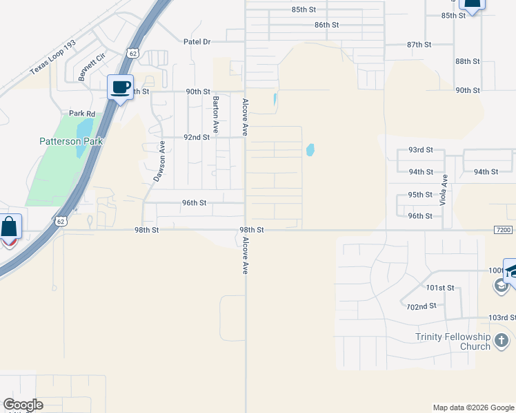 map of restaurants, bars, coffee shops, grocery stores, and more near 9216 County Road 1500 in Lubbock