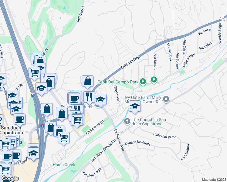 map of restaurants, bars, coffee shops, grocery stores, and more near 31431 Sundance Drive in San Juan Capistrano