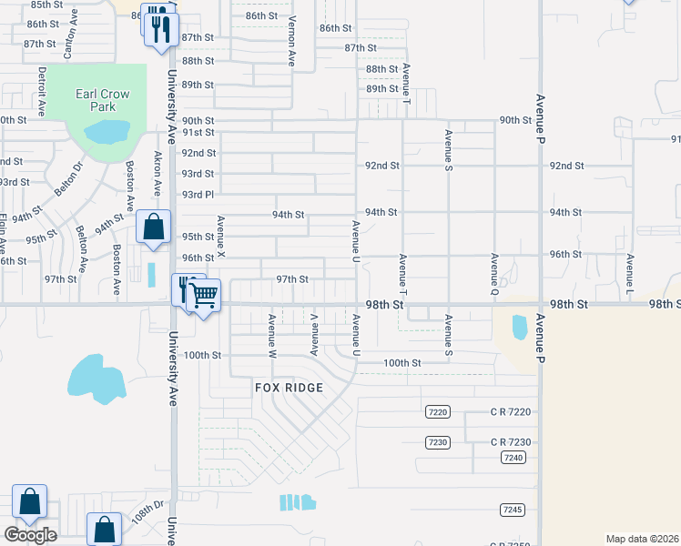 map of restaurants, bars, coffee shops, grocery stores, and more near 2101 96th Street in Lubbock