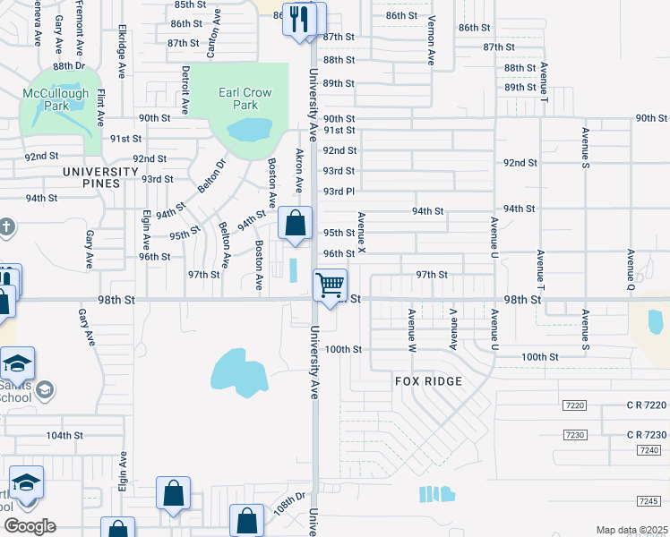 map of restaurants, bars, coffee shops, grocery stores, and more near 2409 96th Street in Lubbock