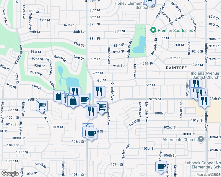 map of restaurants, bars, coffee shops, grocery stores, and more near 9609 Orlando Avenue in Lubbock