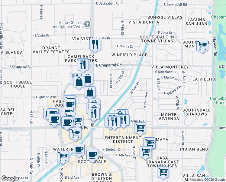 map of restaurants, bars, coffee shops, grocery stores, and more near 4829 North 74th Street in Scottsdale