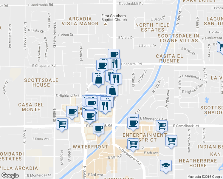 map of restaurants, bars, coffee shops, grocery stores, and more near 7151 East Rancho Vista Drive in Scottsdale