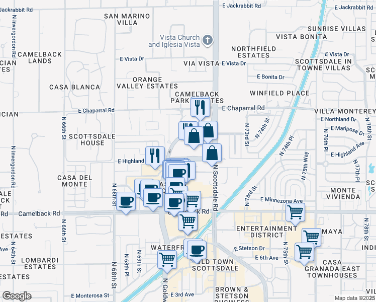 map of restaurants, bars, coffee shops, grocery stores, and more near 7137 East Rancho Vista Drive in Scottsdale