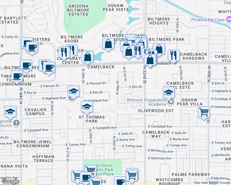 map of restaurants, bars, coffee shops, grocery stores, and more near 4716 North 30th Place in Phoenix