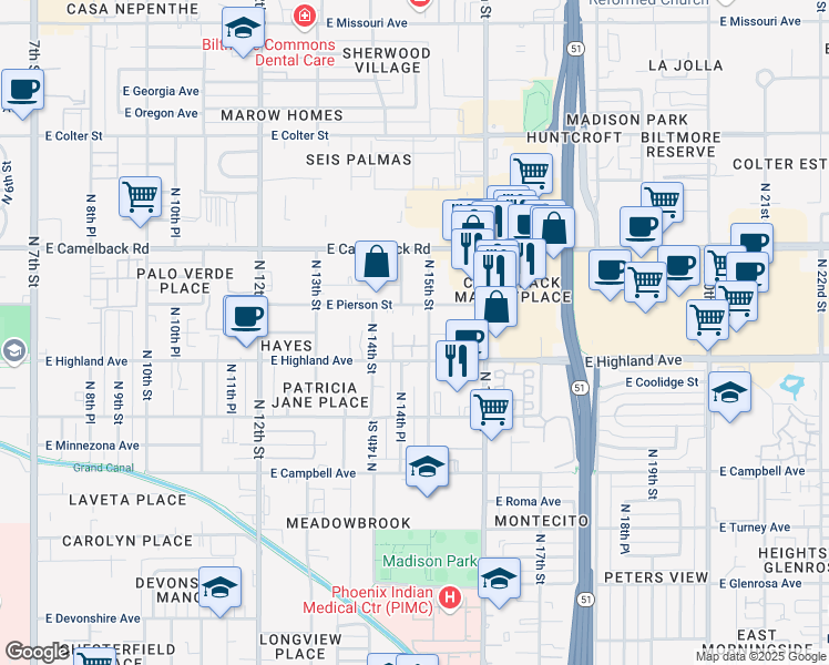 map of restaurants, bars, coffee shops, grocery stores, and more near 4728 North 15th Street in Phoenix